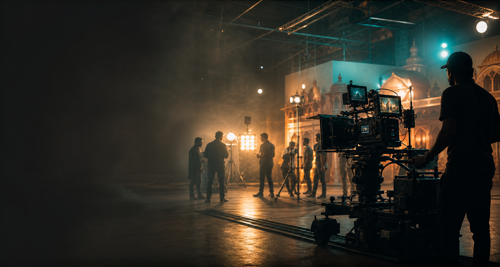 A cinematic film production set with cameras and warm studio lighting